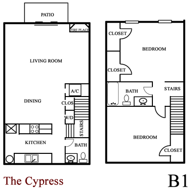 Cypress Two Bedroom / One and Half Bath - 1075 Sq. Ft.*